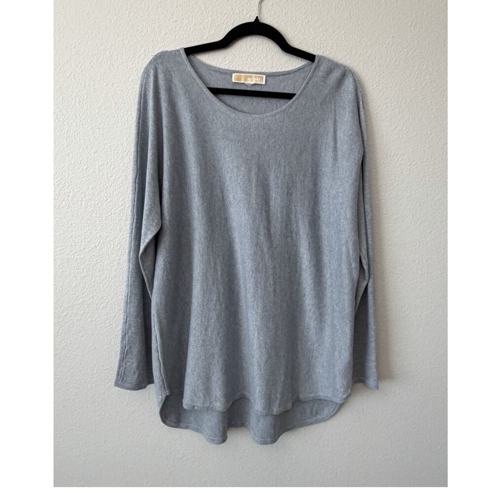 Michael Kors Blue Gray Knit Scoop Neck Long Sleeve Pullover Hi-Low Sweater L